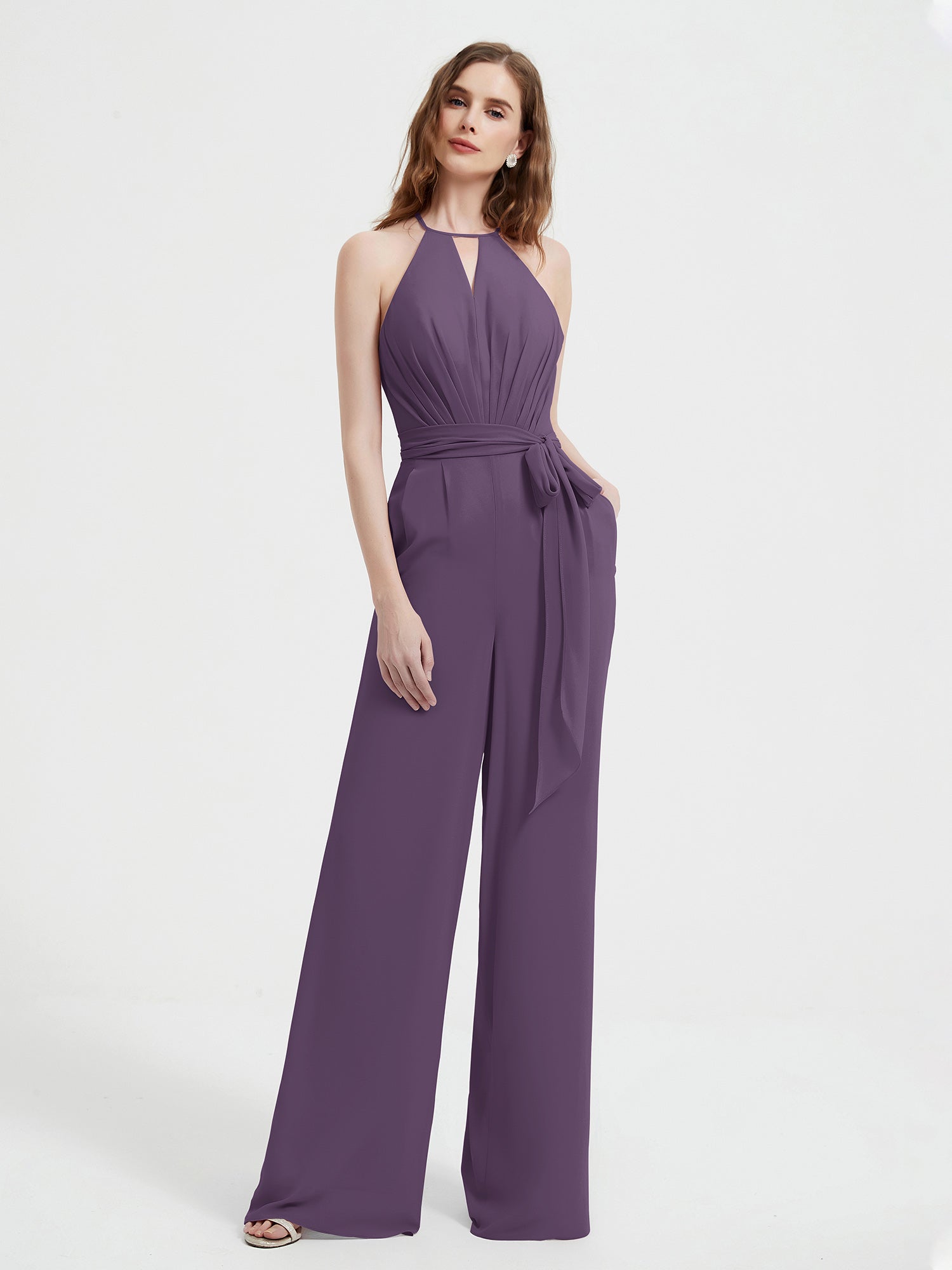 Halter Neckline Sleeveless Chiffon Pleated Jumpsuit Plum